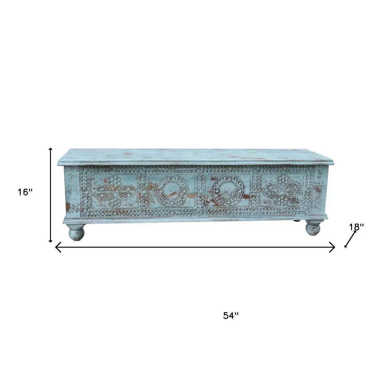 54" Aqua Carved And Distressed Solid Wood Lift Top Coffee Table