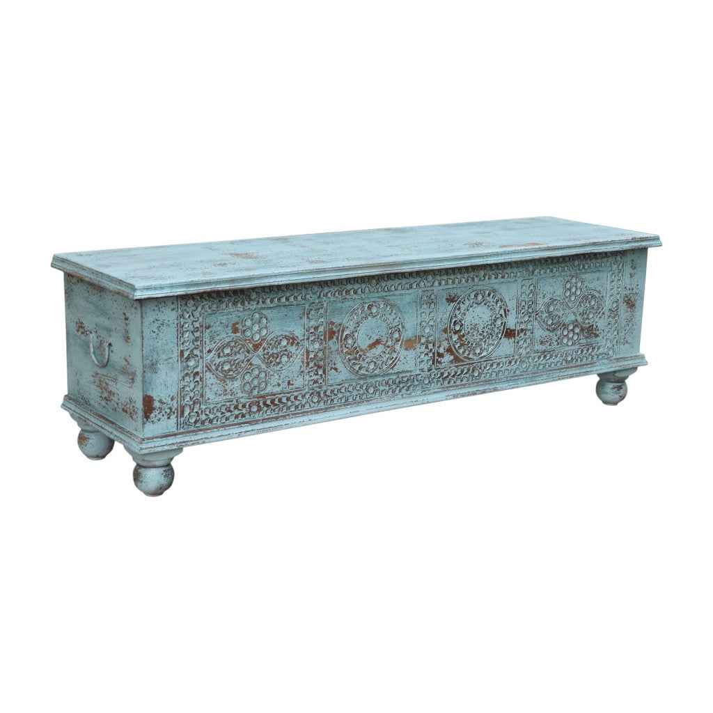 54" Aqua Carved And Distressed Solid Wood Lift Top Coffee Table