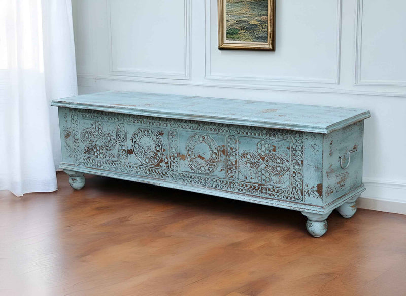 54" Aqua Carved And Distressed Solid Wood Lift Top Coffee Table