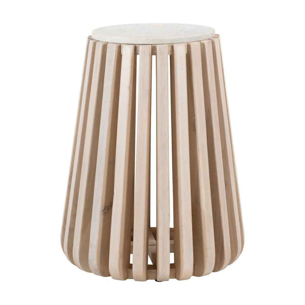 23" White and Natural Distressed Marble and Wood Round Drum End Table