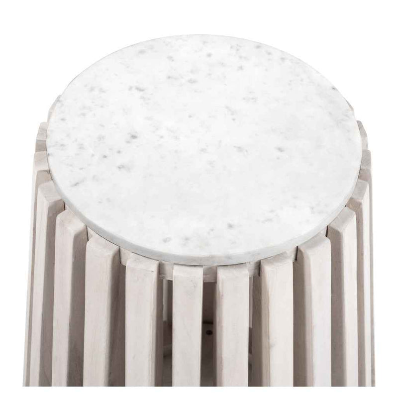 23" White and Natural Distressed Marble and Wood Round Drum End Table