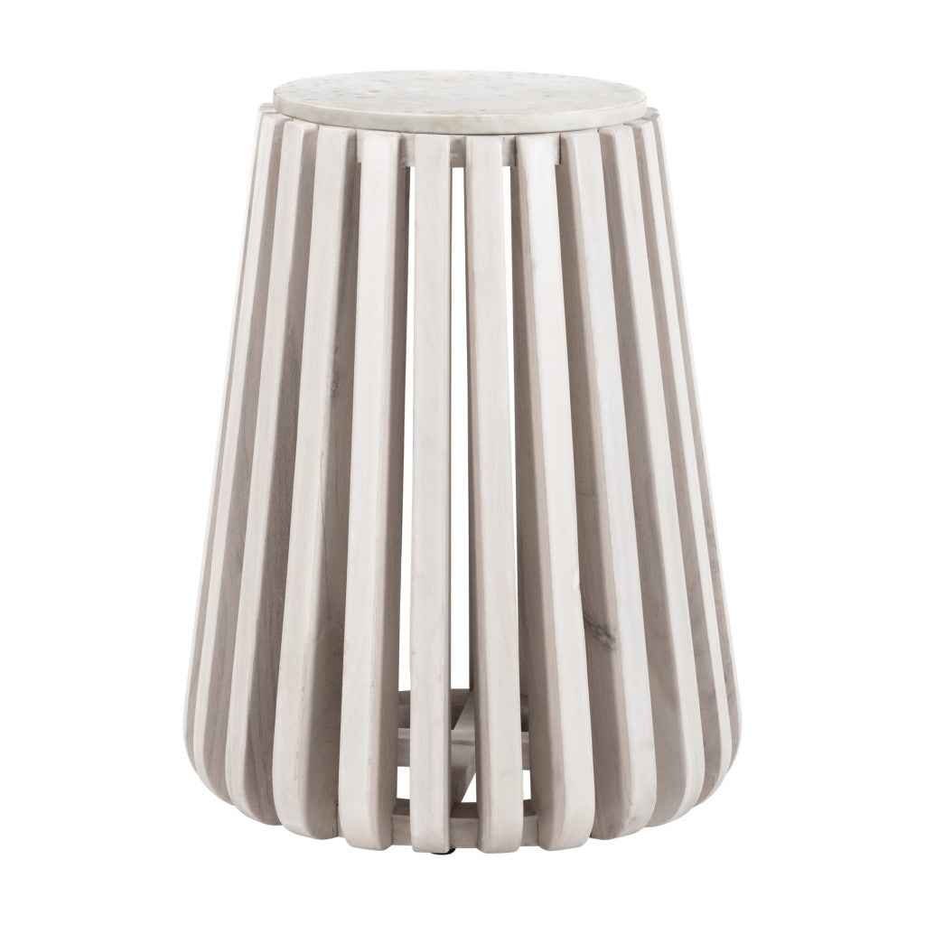23" White and Natural Distressed Marble and Wood Round Drum End Table