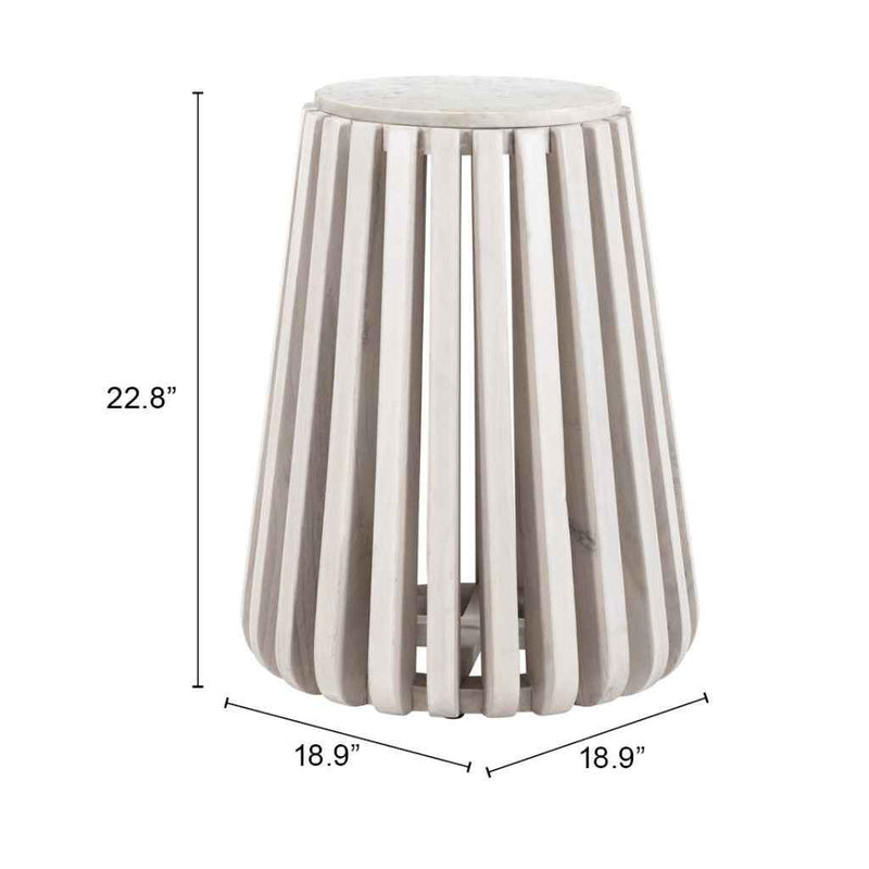 23" White and Natural Distressed Marble and Wood Round Drum End Table