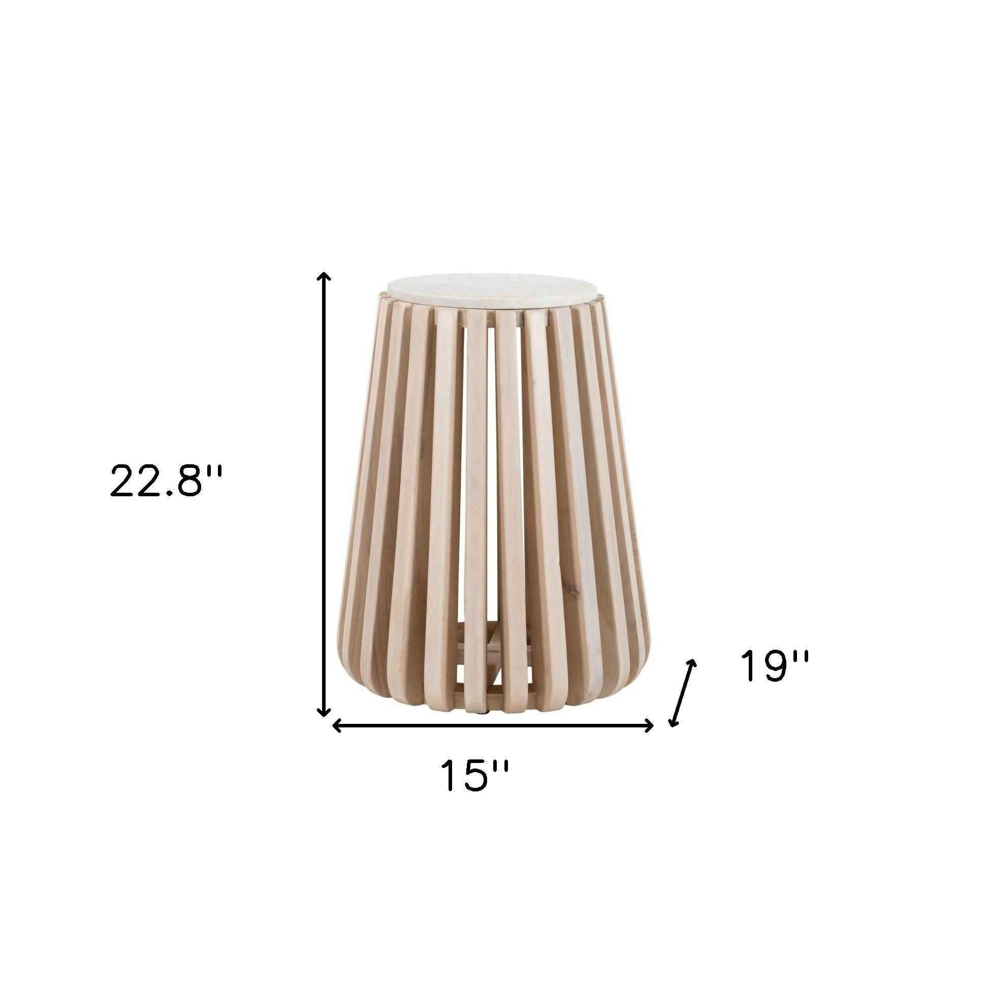 23" White and Natural Distressed Marble and Wood Round Drum End Table