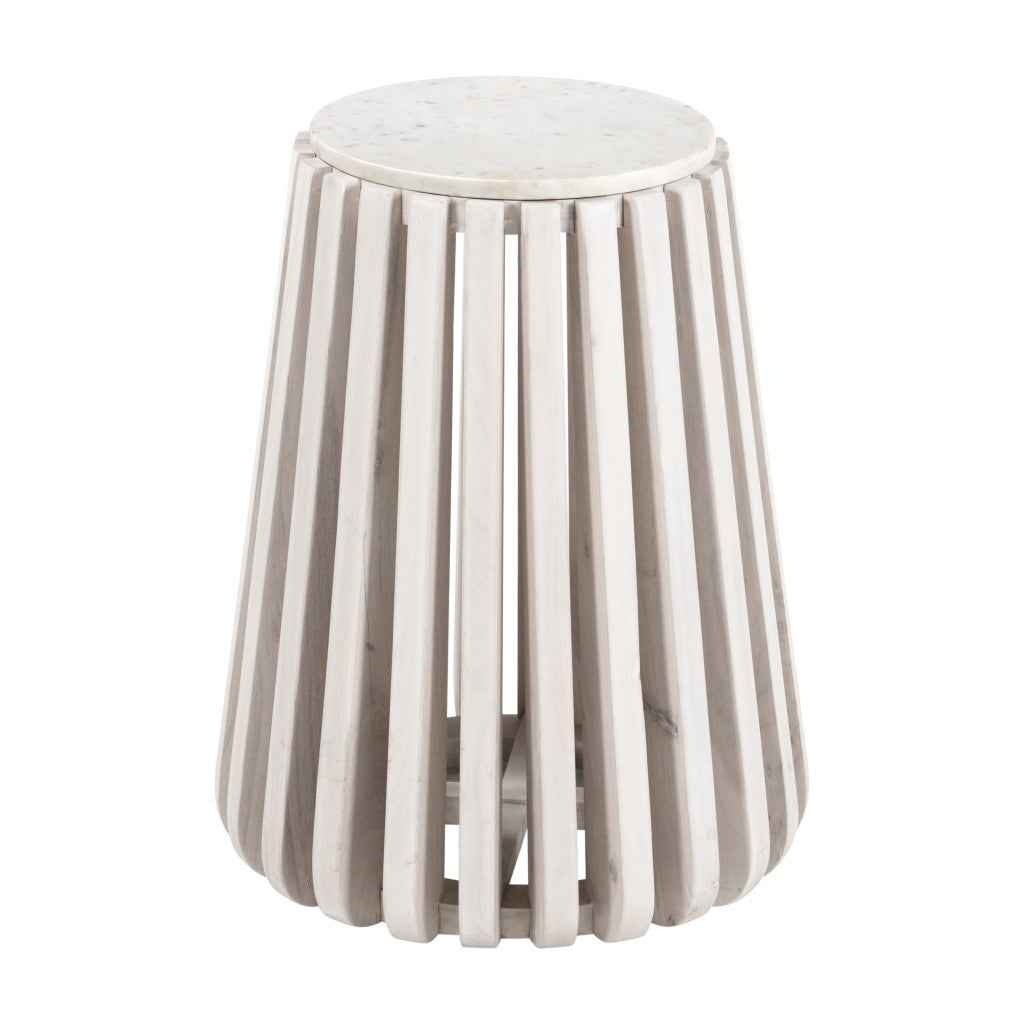 23" White and Natural Distressed Marble and Wood Round Drum End Table
