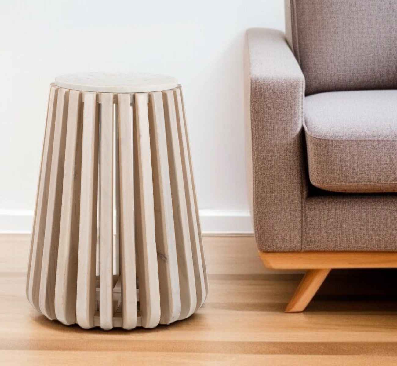 23" White and Natural Distressed Marble and Wood Round Drum End Table