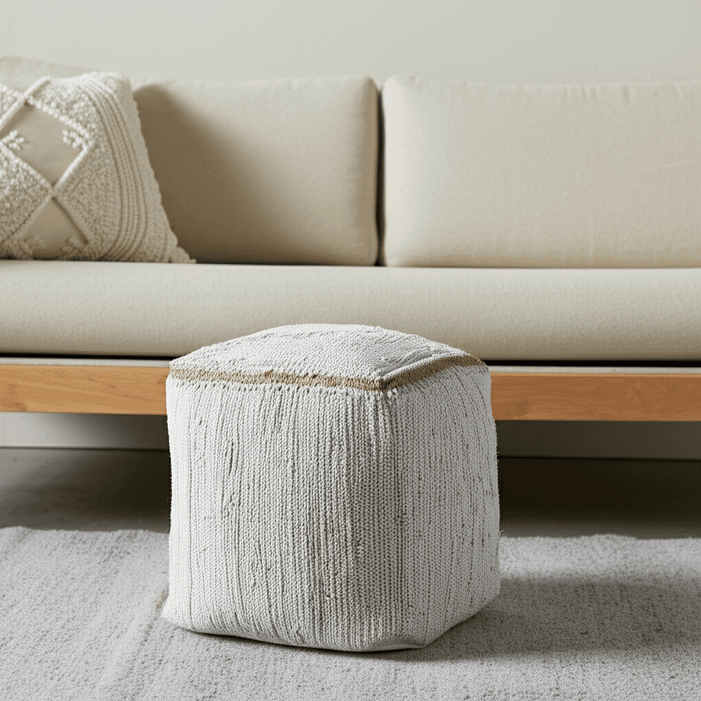 Textured white knitted pouf with a natural woven trim, perfect for modern living room decor.