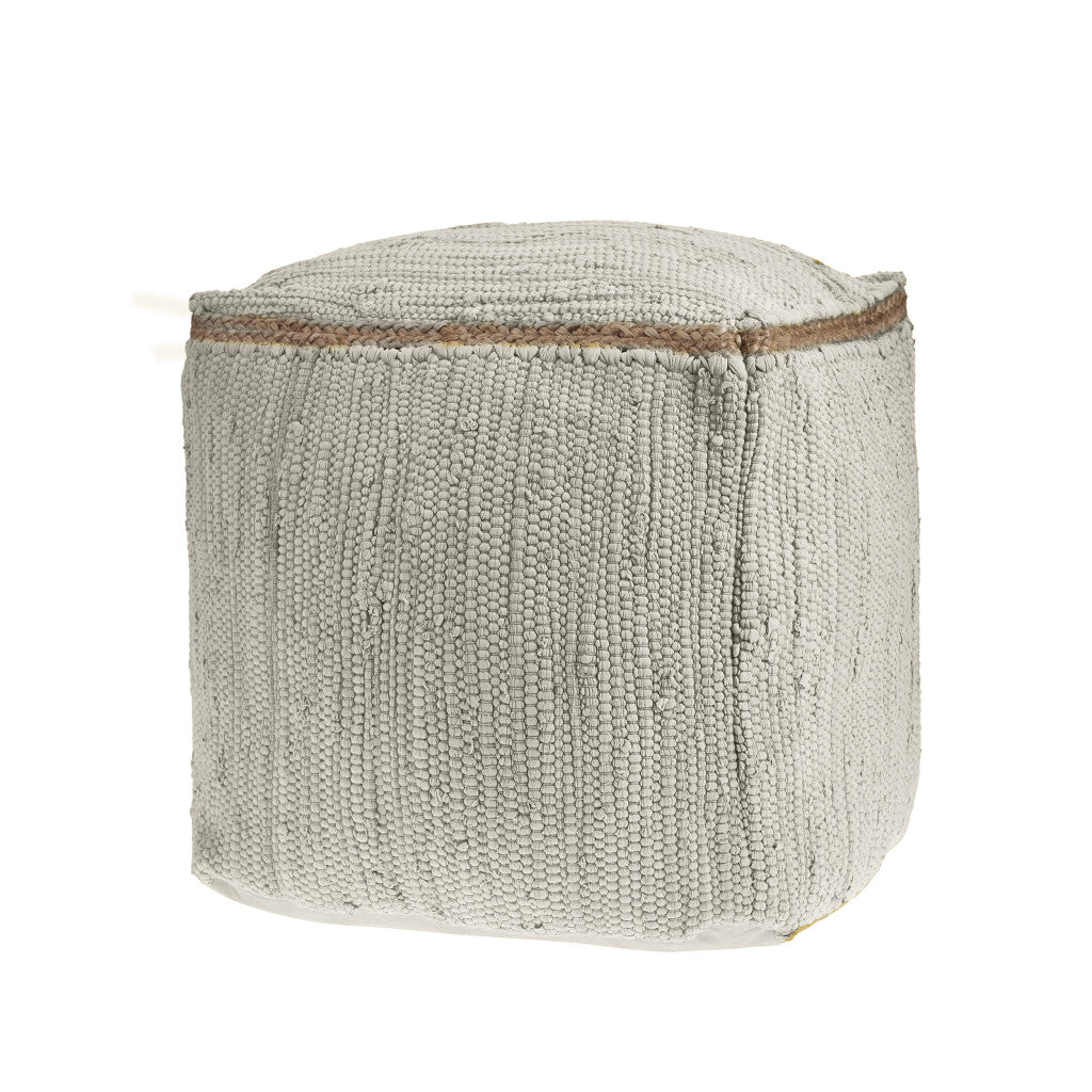 Textured grey cotton pouf with a decorative jute trim, perfect for boho-style seating or decor.