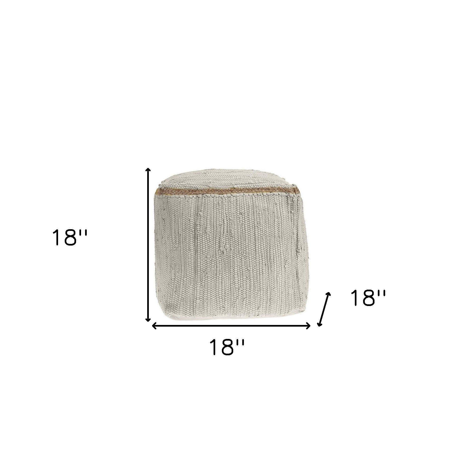 Natural beige woven pouf, 18"x18", made from durable cotton, styled for modern bohemian decor.