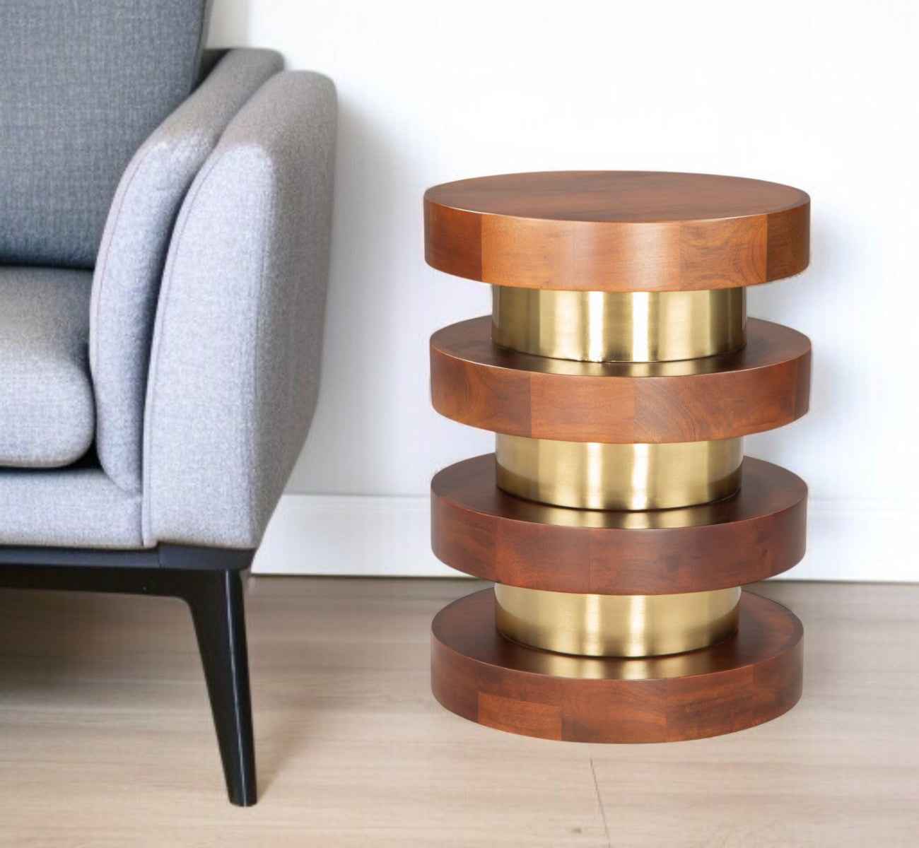 20" Brown and Gold Solid Wood and Iron Round Pedestal End Table