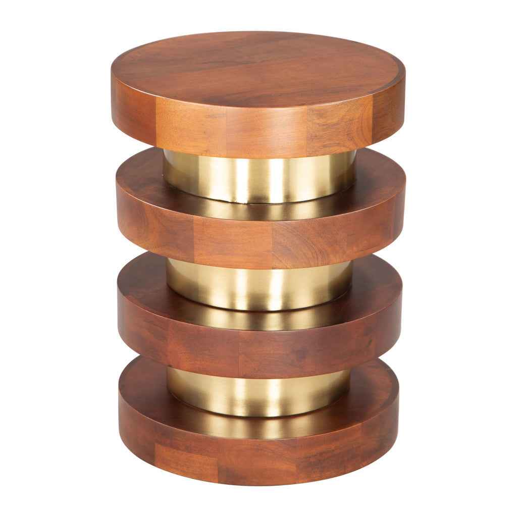 20" Brown and Gold Solid Wood and Iron Round Pedestal End Table