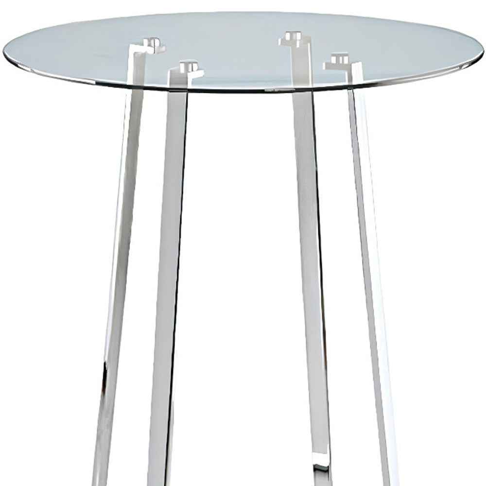 32" Clear and Silver Rounded Glass and Iron Bar Table