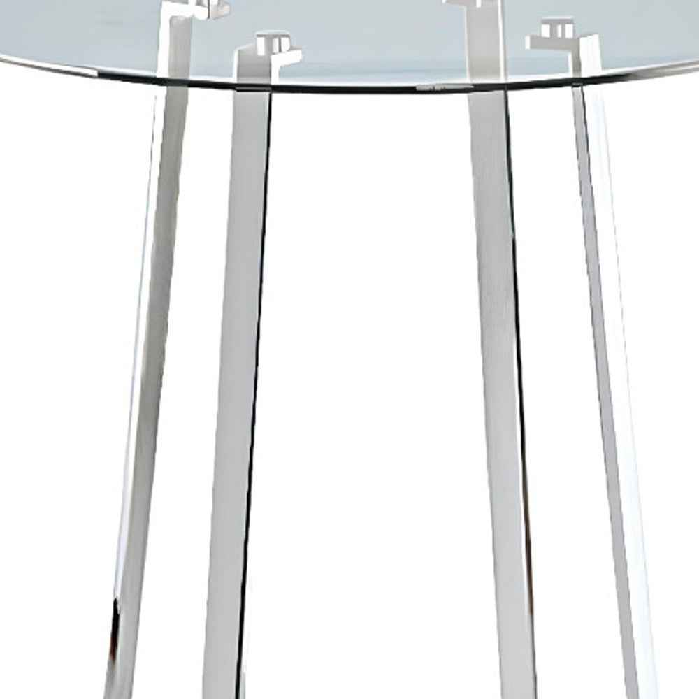 32" Clear and Silver Rounded Glass and Iron Bar Table