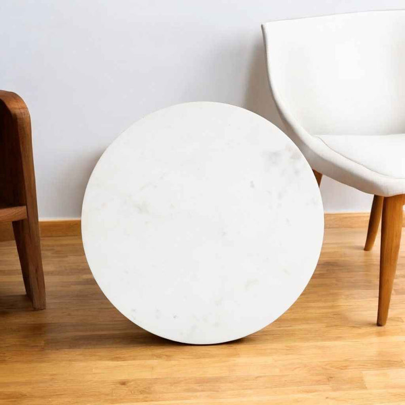 20" White and Natural Distressed Marble and Solid Wood Round Pedestal End Table