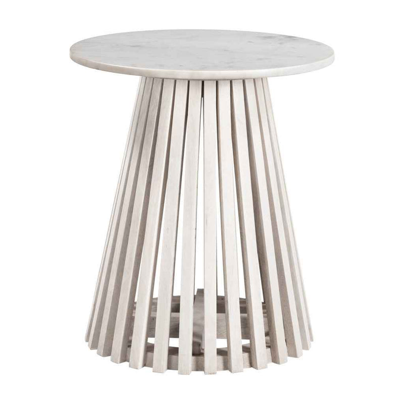 20" White and Natural Distressed Marble and Solid Wood Round Pedestal End Table