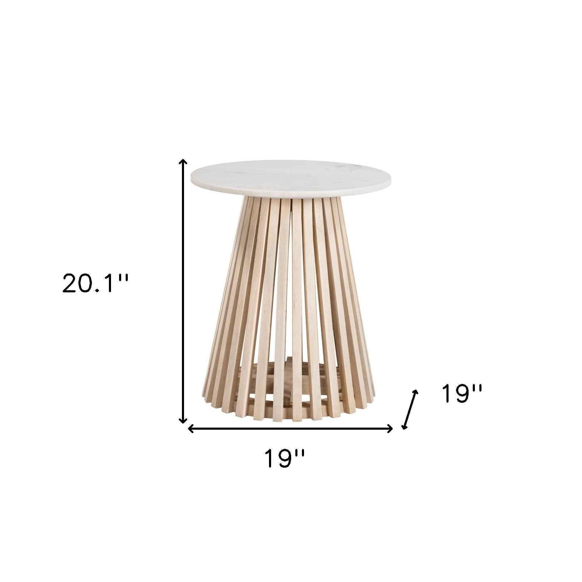 20" White and Natural Distressed Marble and Solid Wood Round Pedestal End Table