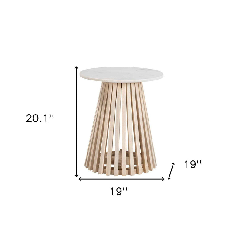 20" White and Natural Distressed Marble and Solid Wood Round Pedestal End Table