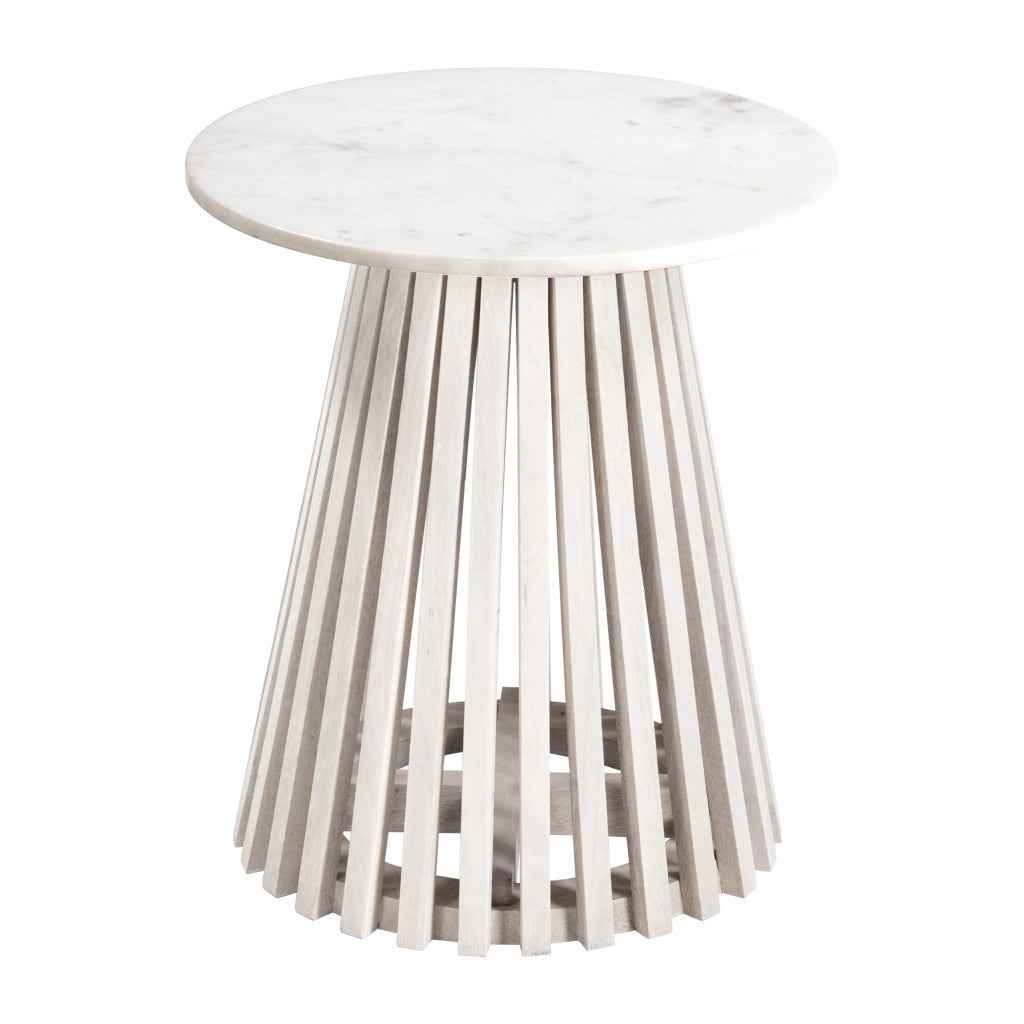 20" White and Natural Distressed Marble and Solid Wood Round Pedestal End Table