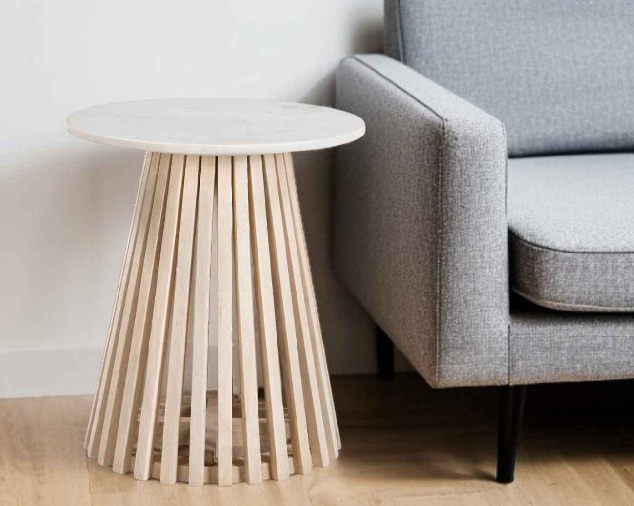 20" White and Natural Distressed Marble and Solid Wood Round Pedestal End Table