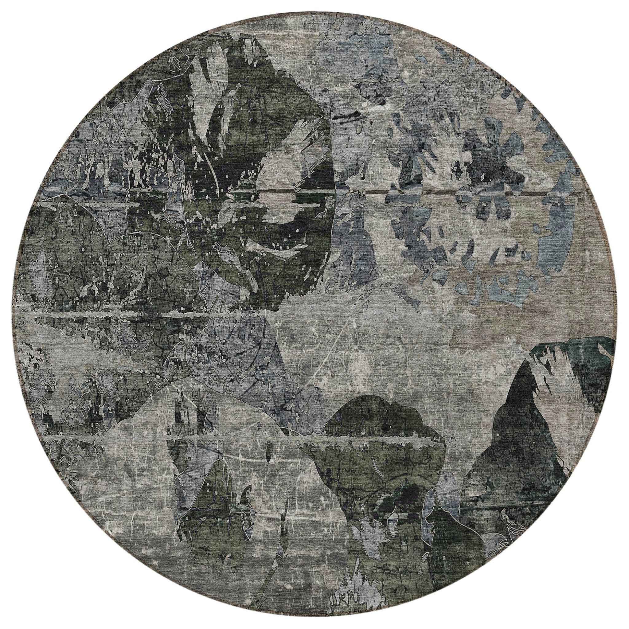 8' Gray Dark Green And Black Round Floral Washable Indoor Outdoor Area Rug