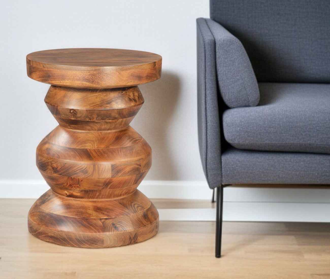 21" Brown Solid Wood Round Pedestal End Table