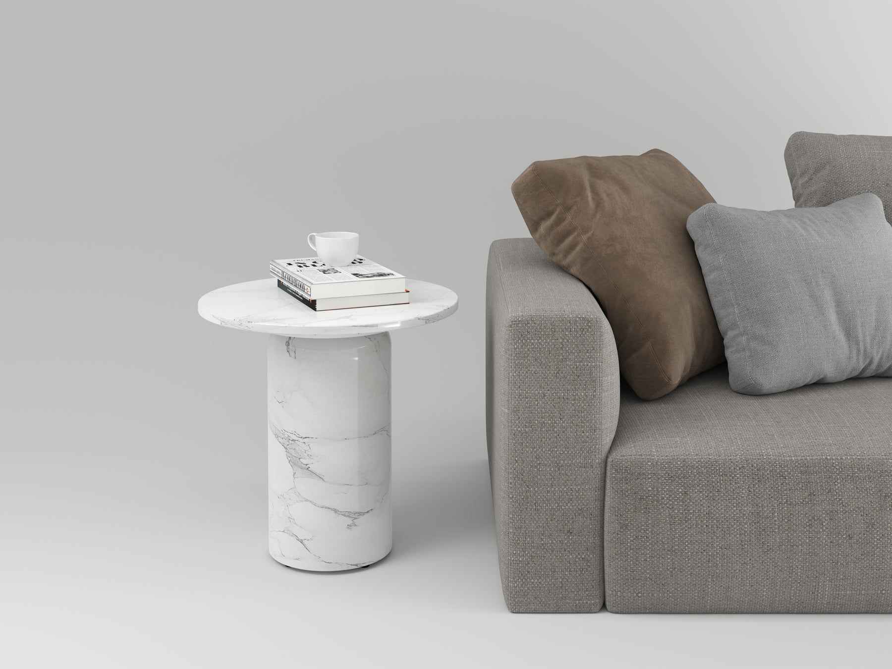 16" White Marble and Wood Round Pedestal End Table