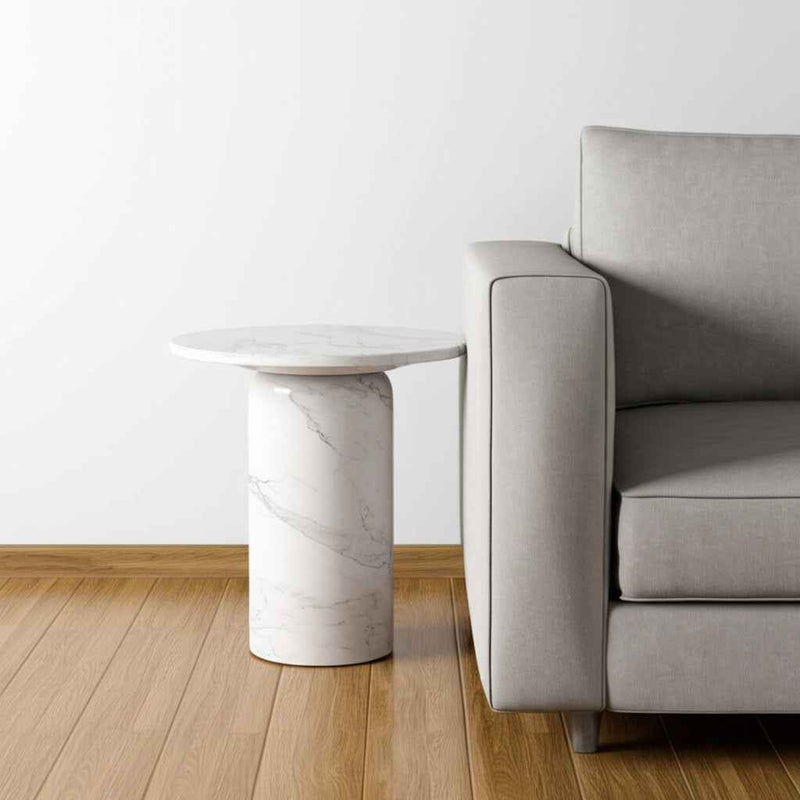 16" White Marble and Wood Round Pedestal End Table