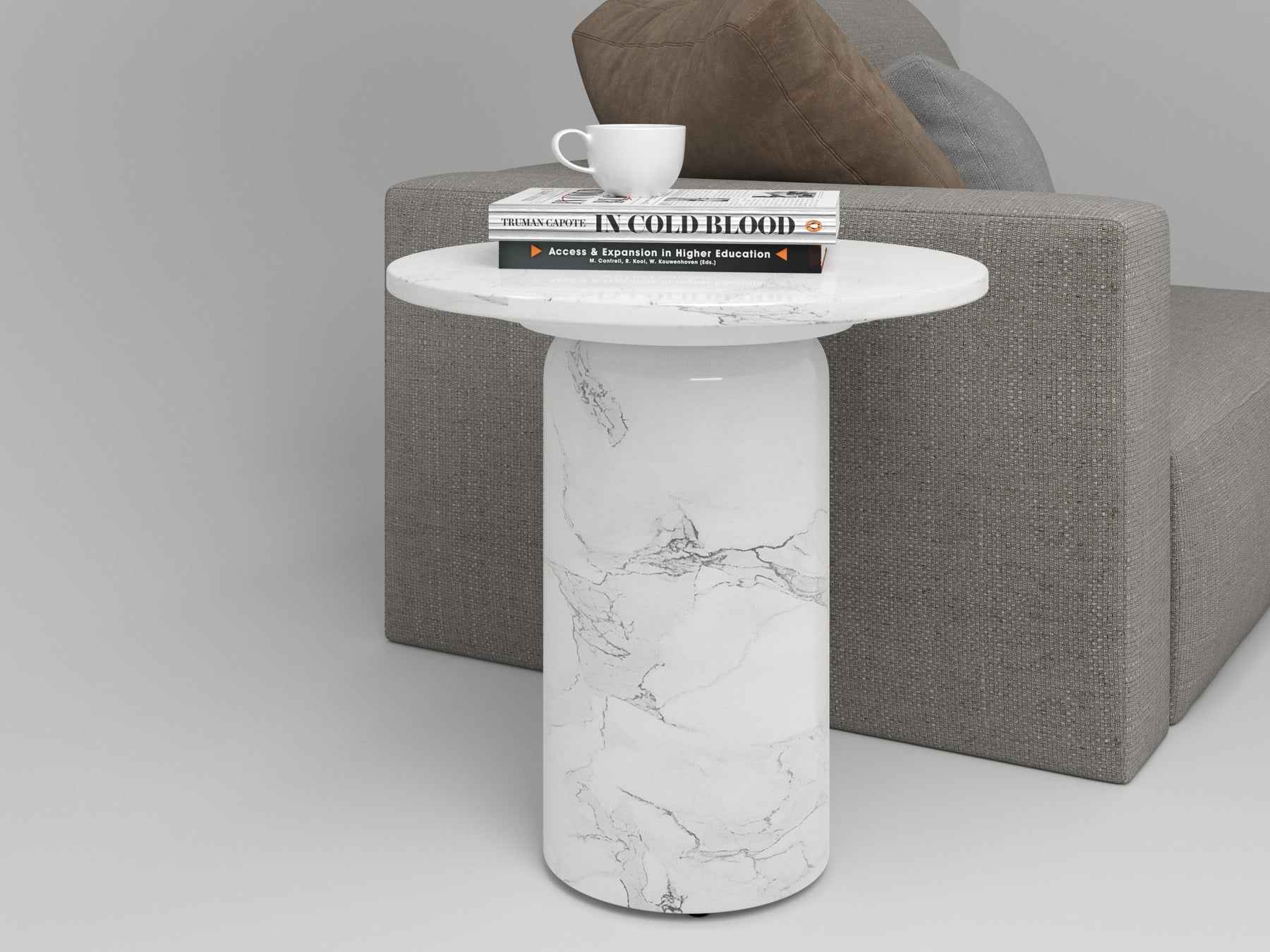 16" White Marble and Wood Round Pedestal End Table