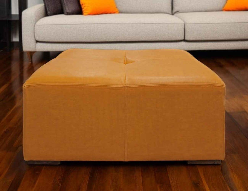 36" Orange Genuine Leather And Solid Wood Square Cocktail Table