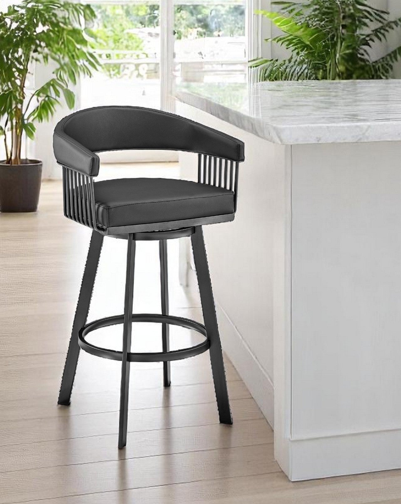 29" Black Fabric And Iron Low Back Bar Height Swivel Bar Chair - Living Room