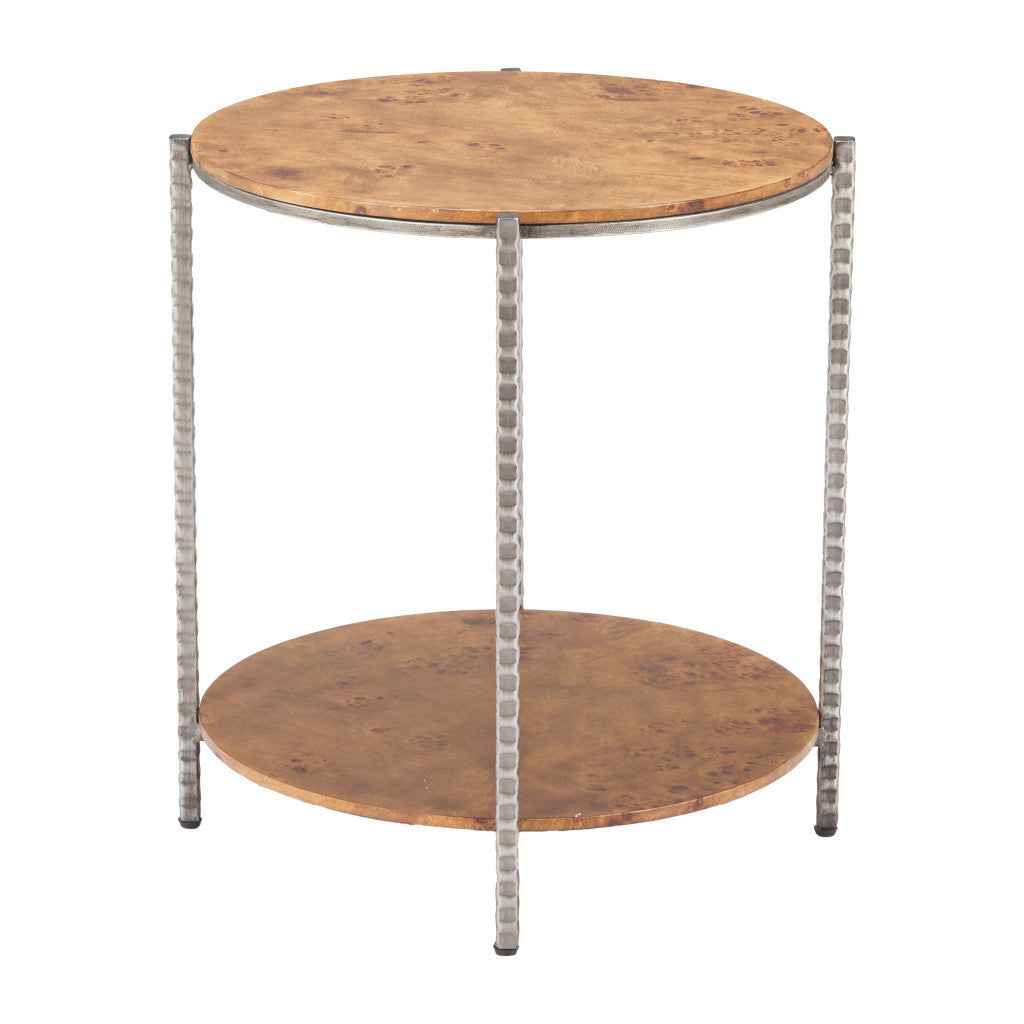 22" Natural and Silver Wood and Steel Round End Table With Shelf