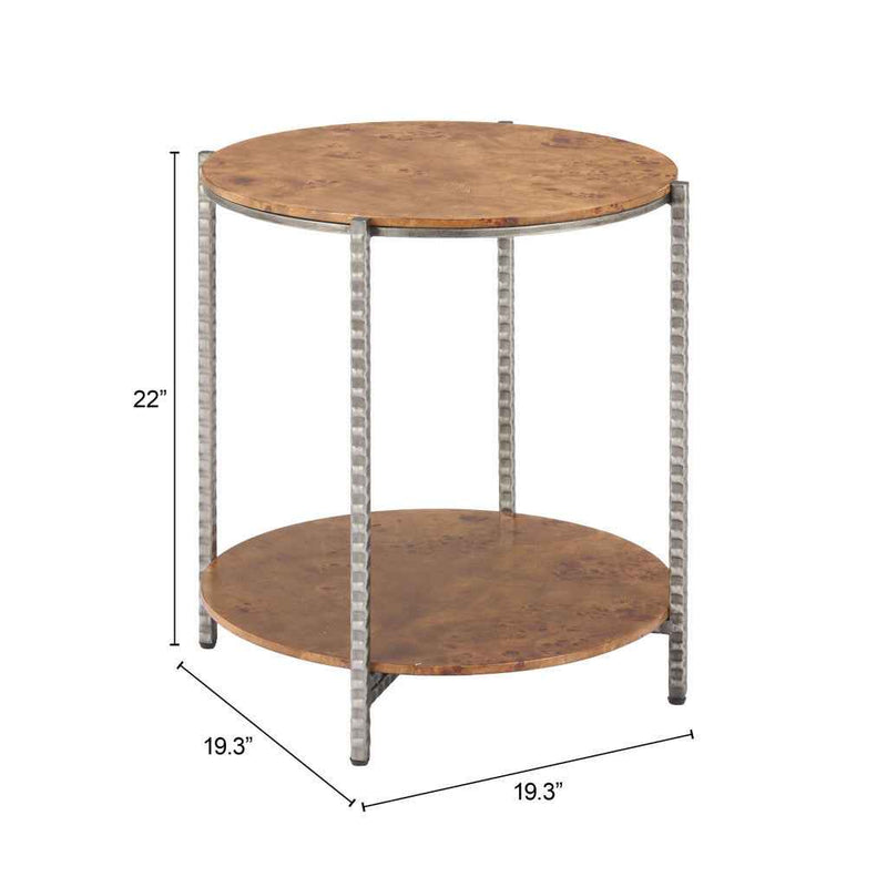 22" Natural and Silver Wood and Steel Round End Table With Shelf