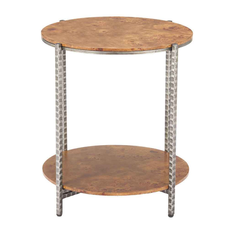 22" Natural and Silver Wood and Steel Round End Table With Shelf
