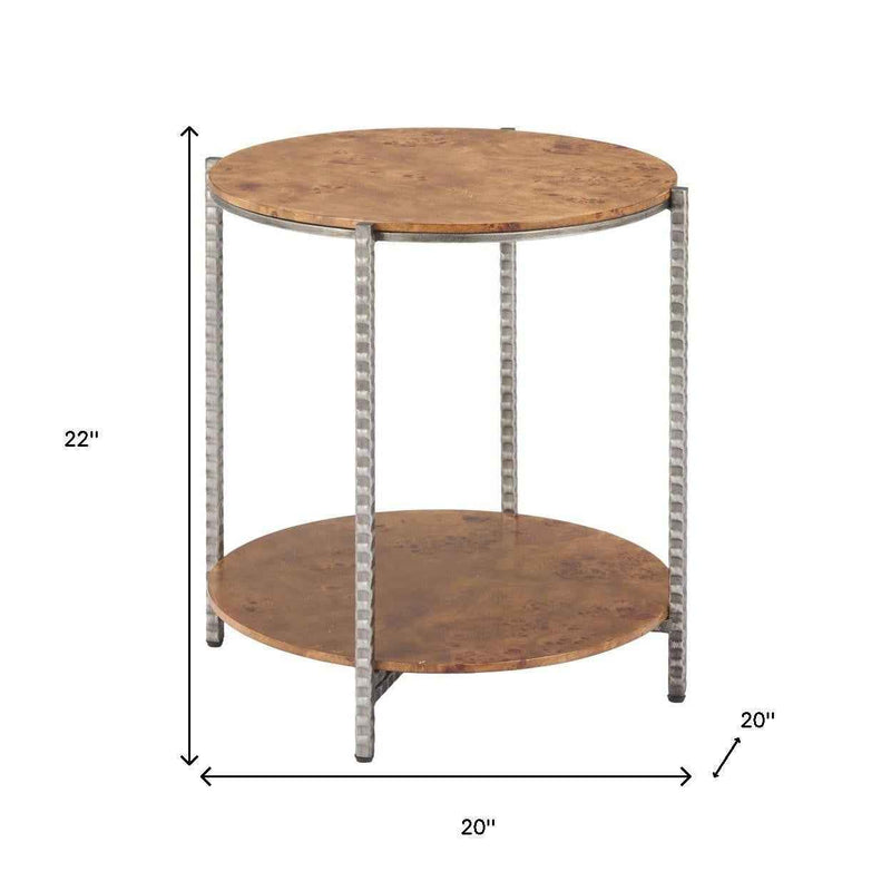 22" Natural and Silver Wood and Steel Round End Table With Shelf