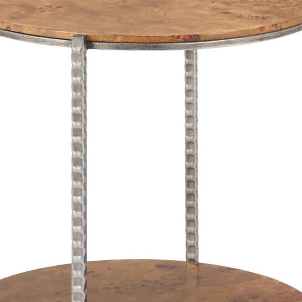 22" Natural and Silver Wood and Steel Round End Table With Shelf