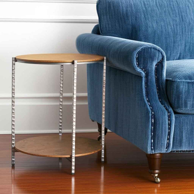 22" Natural and Silver Wood and Steel Round End Table With Shelf