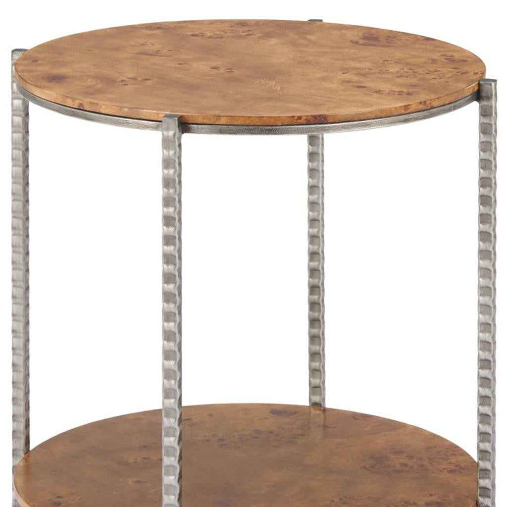 22" Natural and Silver Wood and Steel Round End Table With Shelf
