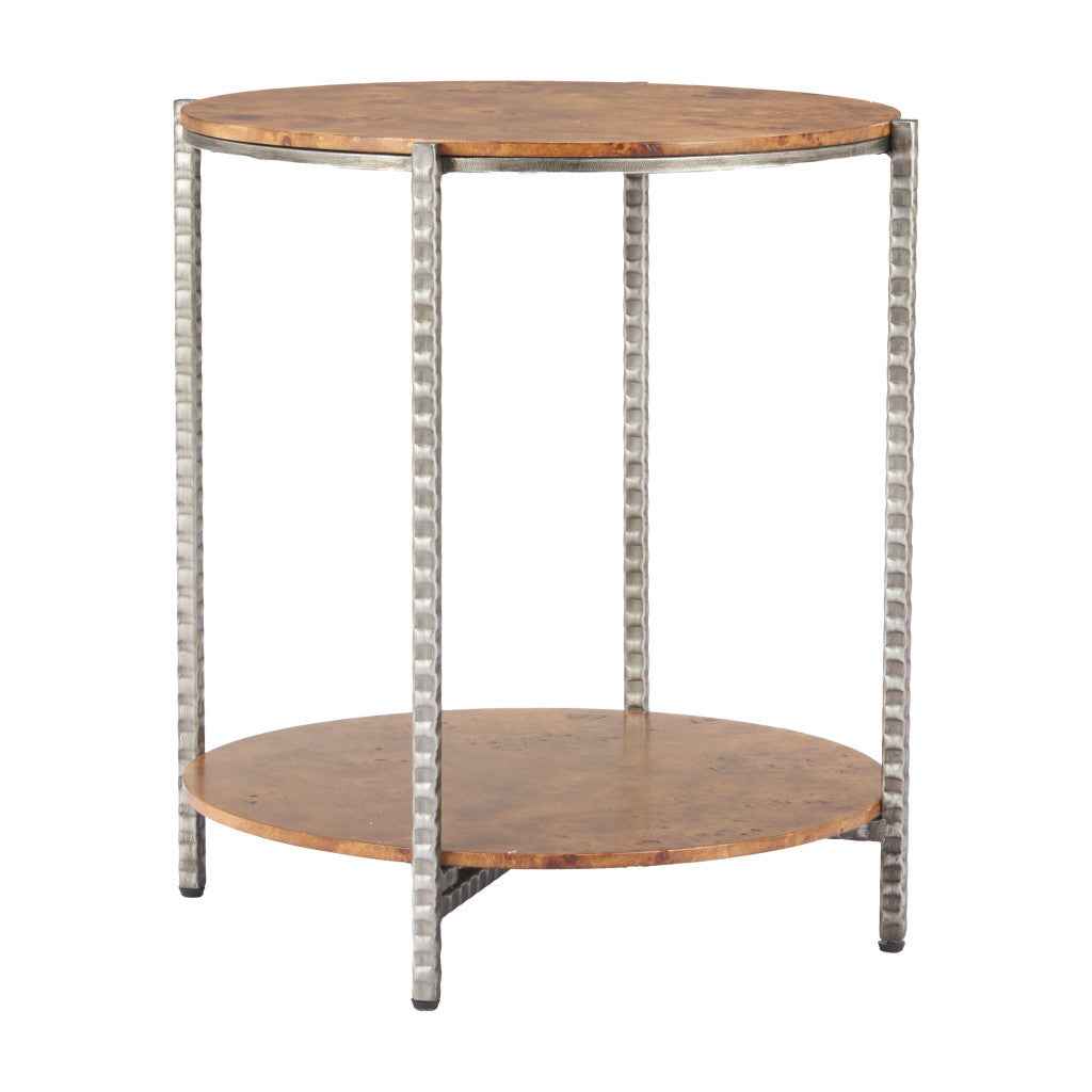 22" Natural and Silver Wood and Steel Round End Table With Shelf