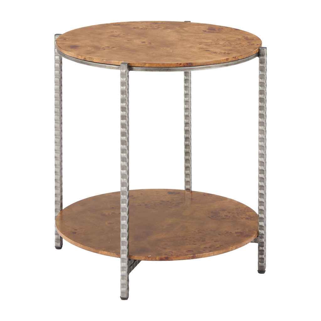 22" Natural and Silver Wood and Steel Round End Table With Shelf