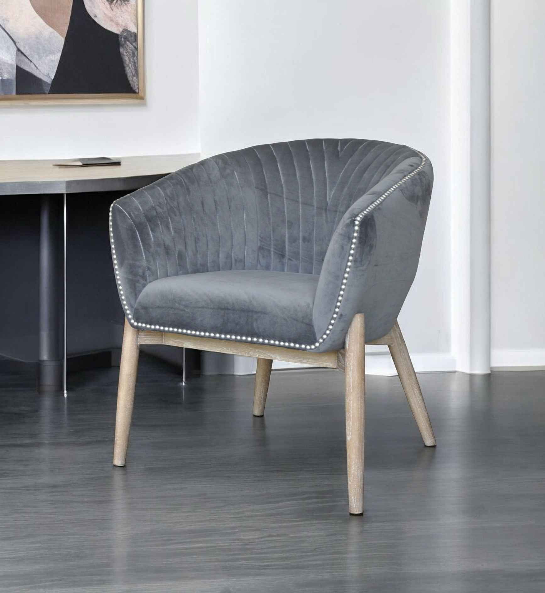 28" Gray And Brown Velvet Arm Chair