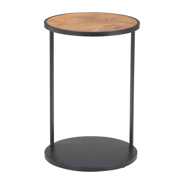 25" Brown and Black Wood and Iron Round Pedestal End Table