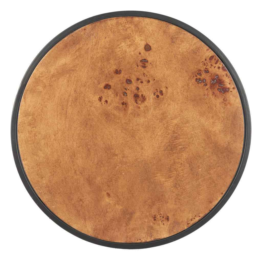 25" Brown and Black Wood and Iron Round Pedestal End Table