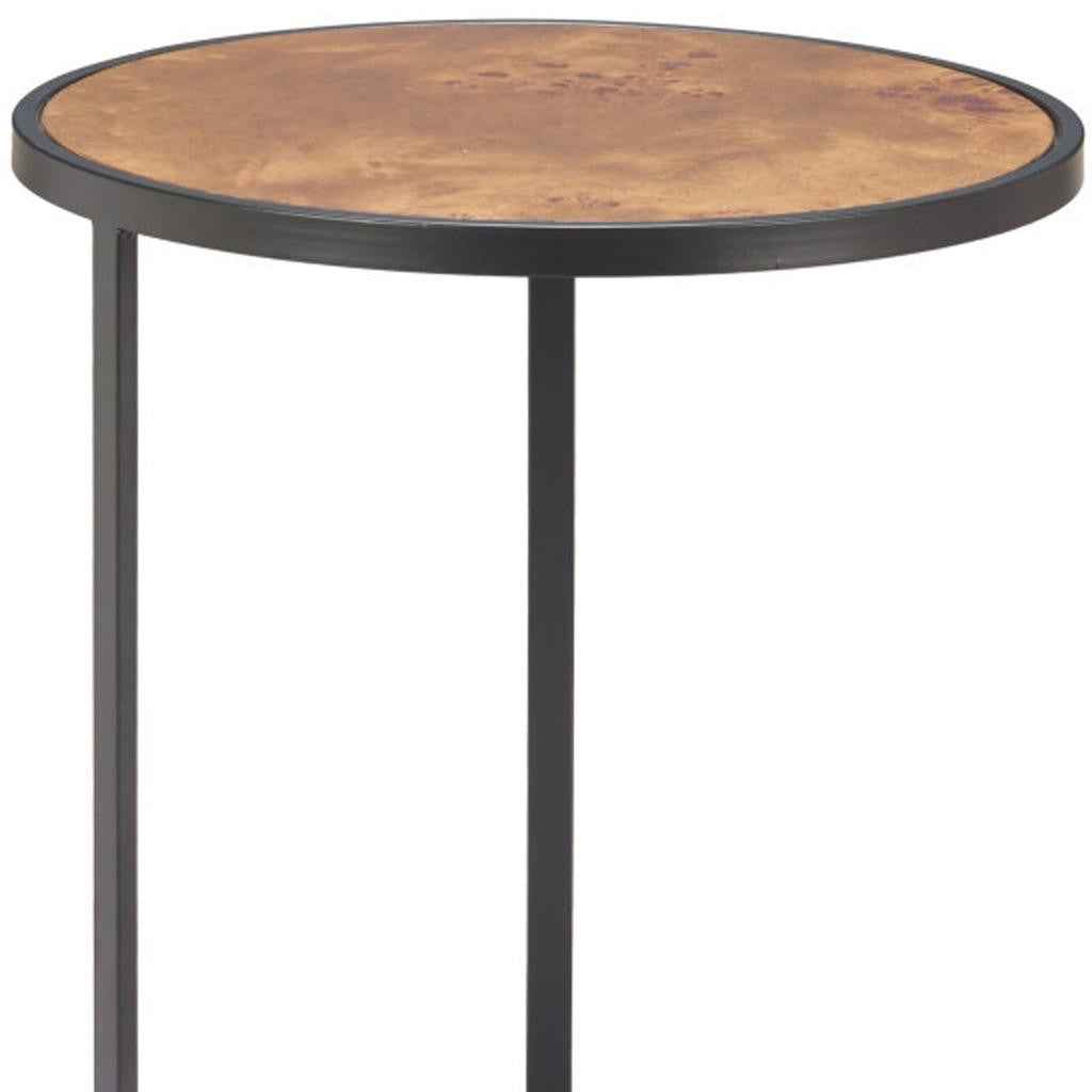 25" Brown and Black Wood and Iron Round Pedestal End Table