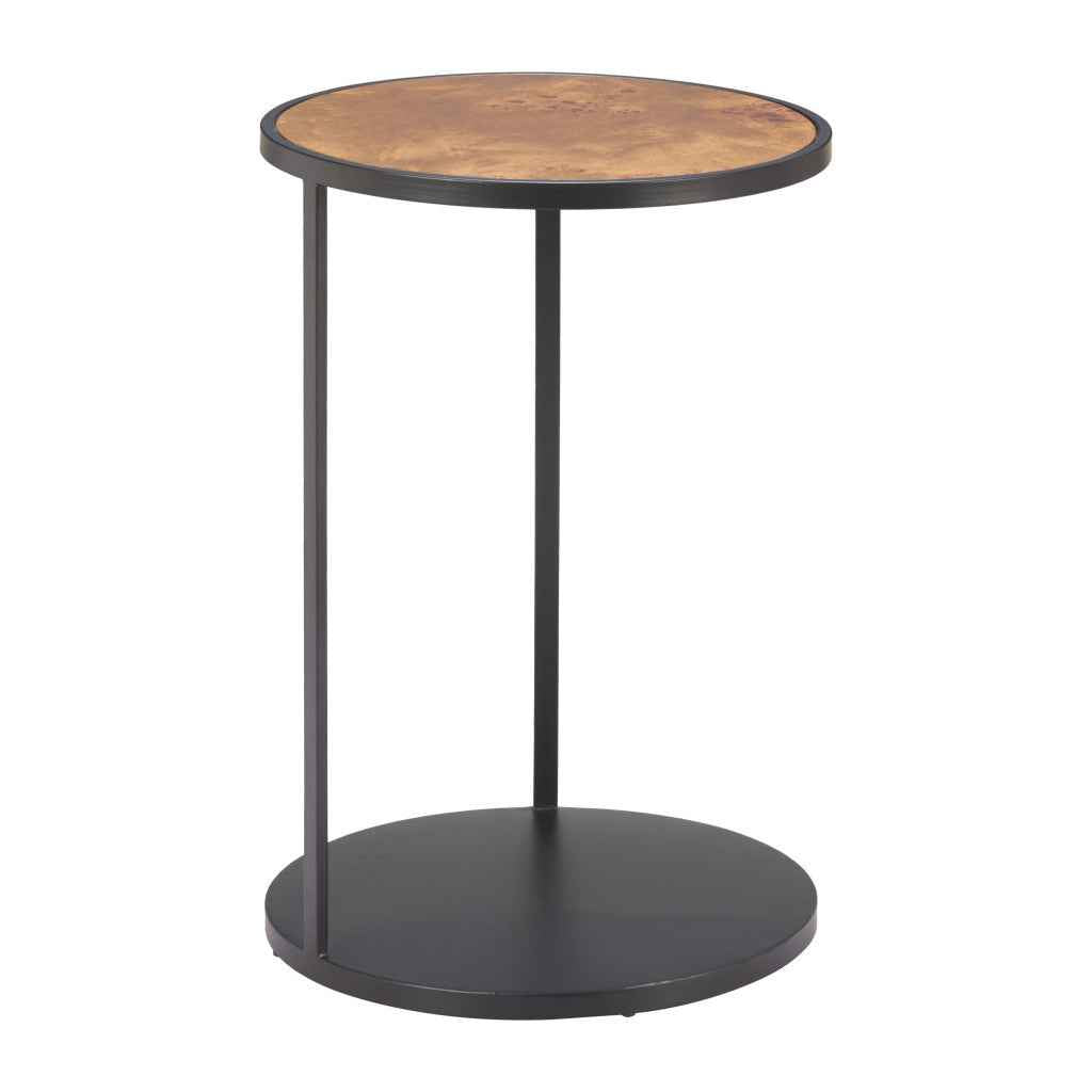 25" Brown and Black Wood and Iron Round Pedestal End Table