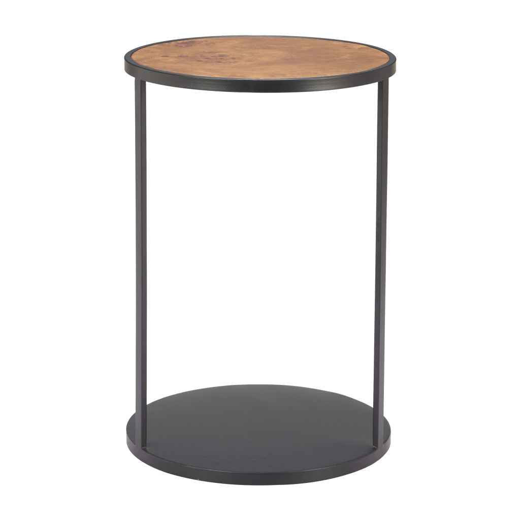 25" Brown and Black Wood and Iron Round Pedestal End Table