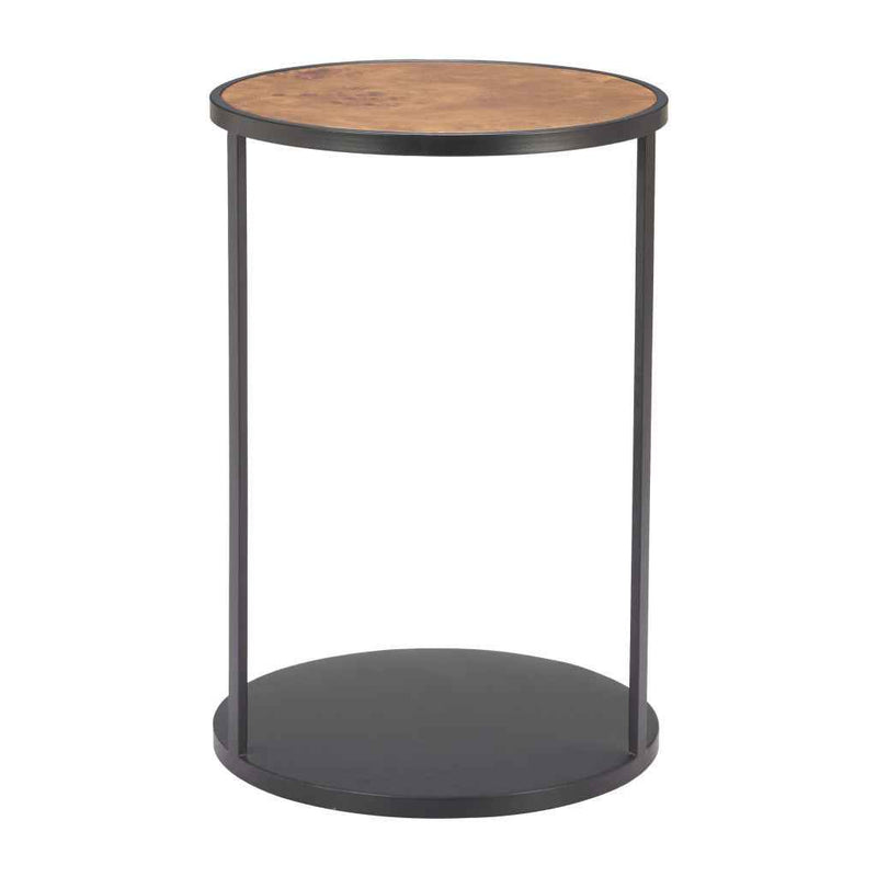 25" Brown and Black Wood and Iron Round Pedestal End Table