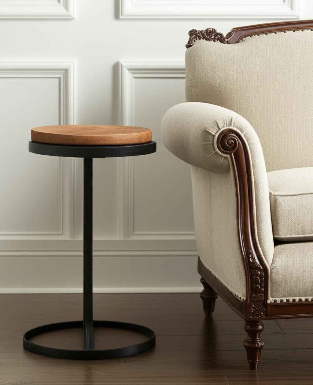 25" Brown and Black Wood and Iron Round Pedestal End Table