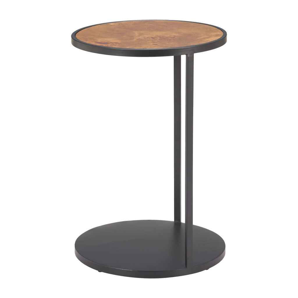 25" Brown and Black Wood and Iron Round Pedestal End Table