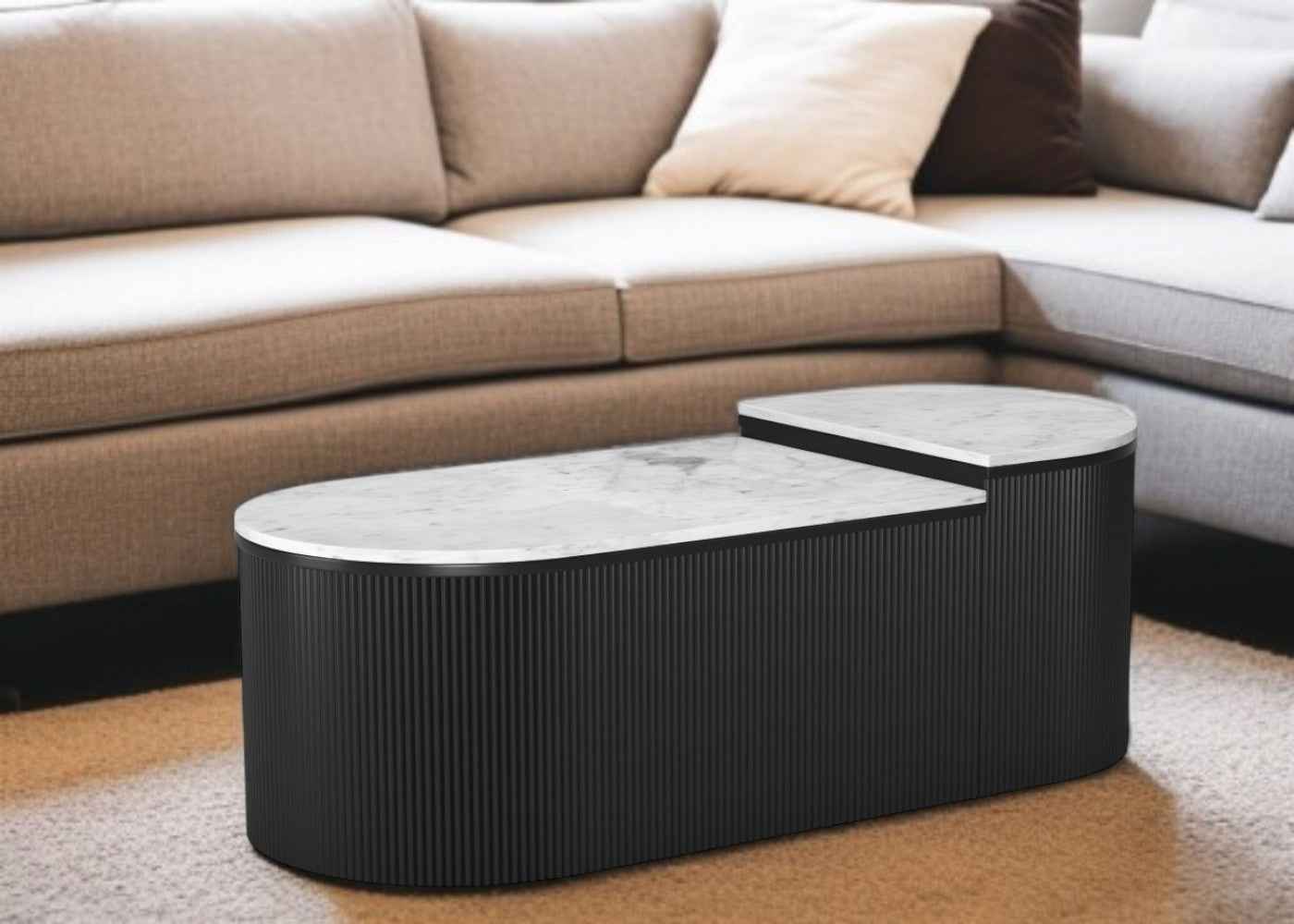 Set of Two Black And White Wood And Faux Marble Oval Drum Bunching Coffee Tables