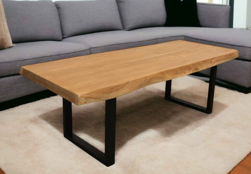 70" Natural And Black Solid Wood And Iron Live Edge Coffee Table